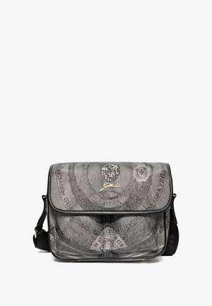 Borsa a tracolla grigia e nera con motivi circolari astratti e logo dorato del marchio sulla pattina anteriore, tracolla nera regolabile con hardware dorato.
