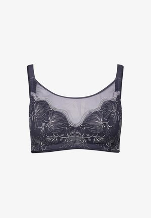 Pulse bra in dark navy mesh with floral embroidery; features adjustable straps, scalloped edges, and a smooth band under the bust.