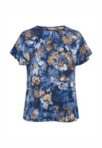 Blomstret bluse med marineblå baggrund og blå og brune mønstre, korte volangerømme og rund halsudskæring. Letvægtigt stof.