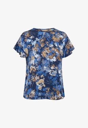 Cvetlična bluzica z mornarsko modro podlago in modrimi ter rjavimi vzorci, kratkimi nabranimi rokavi in okroglo ovratnikom. Lahka tkanina.