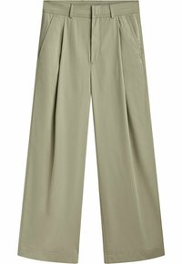 Pantalons à jambes larges en tissu vert clair avec des plis, des passants de ceinture et des poches latérales. Texture lisse et design soigné.