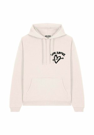 Felpa beige chiaro realizzata in misto cotone. Presenta una tasca frontale e un cappuccio. Grafica nera "I AM AMOUR" con un cuore sul petto.