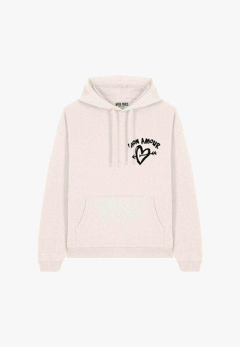 Lichtbeige hoodie gemaakt van een katoenmix. Bevat een voorkant pocket en een capuchon. Zwart "I AM AMOUR" grafisch ontwerp met een hart op de borst.