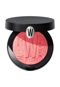 Compatto rotondo per blush con un coperchio nero, caratterizzato da un logo argento metallico e una polvere rosa iridescente e texturizzata all'interno.