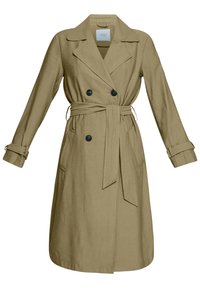 Długi khaki płaszcz trench z podwójnymi czarnymi guzikami, paskiem w talii, klapami na kołnierzu i regulowanymi paskami na długich rękawach.