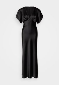 Μαύρο σατέν φόρεμα με βαθύ V-λαιμόκοψη και κοντά, ριχτά μανίκια. Εφαρμοστό μπούστο που καταλήγει σε αέρινη, μακριά μέχρι τον αστράγαλο φούστα. Ομαλή υφή.