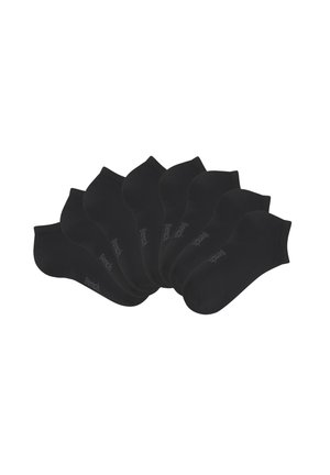 Schwarze Knöchelsocken aus weichem Stoff mit nahtlosem Design. Enthält mehrere übereinander gestapelte Paare mit dezentem Markenlogo an der Seite.