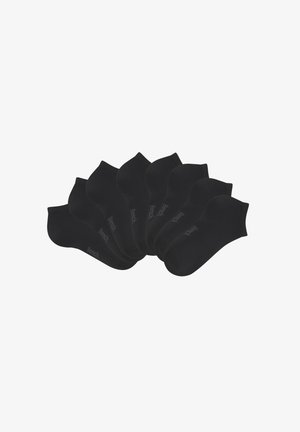 Schwarze Knöchelsocken aus weichem Stoff mit nahtlosem Design. Enthält mehrere übereinander gestapelte Paare mit dezentem Markenlogo an der Seite.