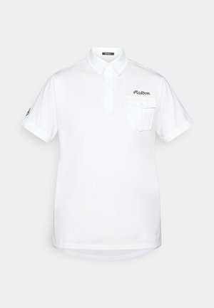 White polo shirt made of cotton with short sleeves, a pointed collar, three-button placket, and a chest pocket. Features embroidered logo.