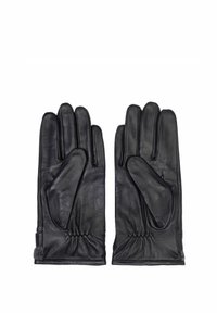 Czarne skórzane rękawiczki z czterema palcami i kciukiem, z dekoracyjnymi detalami przy nadgarstku i gładką powierzchnią.