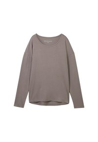Langsleeve, ronde hals top in een verzacht taupe kleur, gemaakt van zachte stof met een relaxed fit en een licht gebogen zoom.