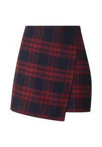 Wollen plaid rok met een marineblauwe achtergrond en een rood ratelpatroon, met een wrapontwerp en een rechte zoom.