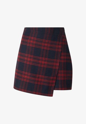 Woolen plaid skirt with a navy background and red check pattern, featuring a wrap design and a straight hem.