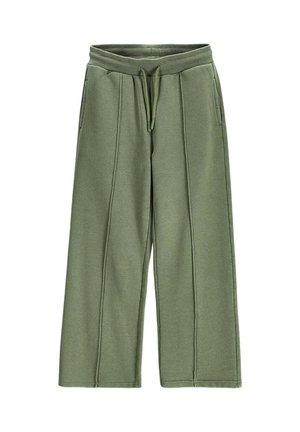 Olive green wide-leg sweatpants with elastic waistband, drawstring, vertical seam detailing, and side pockets.