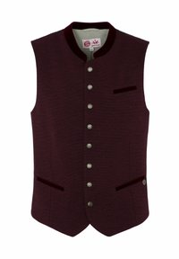 Bordeauxfarbener Weste mit hohem Kragen, ausgestattet mit silbernen Knöpfen, zwei Fronttaschen mit Samtborte und einem strukturierten Stoff für zusätzliche Details.