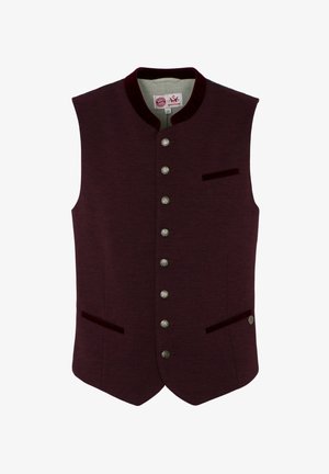 Bordeaux vest met een hoge kraag, voorzien van zilveren knopen, twee voorkruiden met fluweelrand, en een gestructureerde stof voor extra detail.