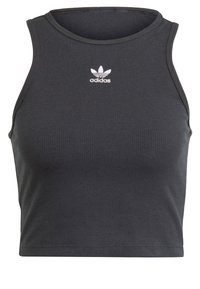 Svart randig ärmlös croppad topp med vitt Adidas trefoil-logotyp centrerad nära halsringningen.