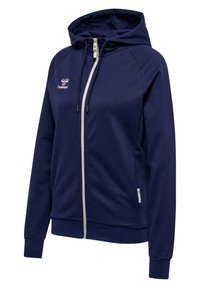 Navy zip-up hoodie met een trekkoordcapuchon, ribgebreide manchetten, twee zijzakken en witte logo-accenten. Glad textuur van de stof.