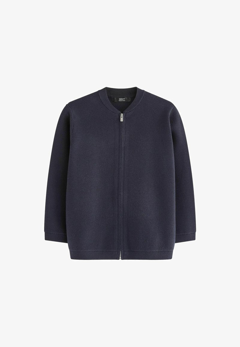 Jūras zila ar rāvējslēdzēju aizdara jaka ar apaļu kaklu, garām piedurknēm un gludu tekstūru. Iekļauts sudraba rāvējslēdzējs aizdarei. Vienkāršs dizains.