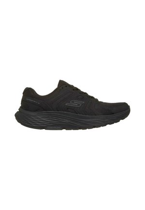 Scarpa da corsa atletica nera con tomaia in mesh, suola spessa e imbottita, chiusura con lacci e logo del marchio sul lato.