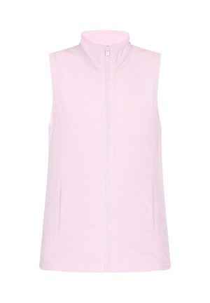 Gilet in pile di un delicato rosa, design senza maniche, colletto alto, chiusura frontale con full zip e texture liscia senza ulteriori motivi o dettagli hardware.