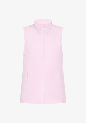 Fleece vesta v jemně růžové barvě, bezrukávový design, vysoký límec, plný zip vpředu a hladký povrch bez dalších vzorů nebo kovových detailů.