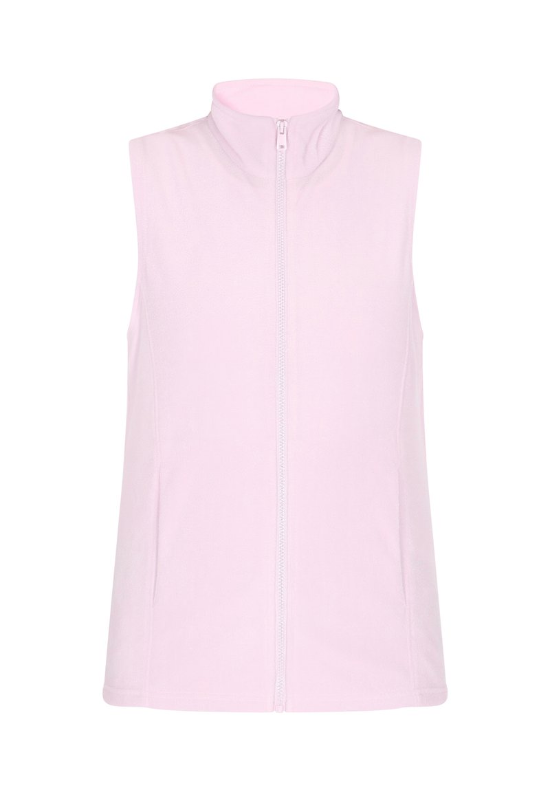 Fleece-Weste in sanftem Rosa, ärmelloses Design, hoher Kragen, durchgehender Reißverschluss vorne und glatte Textur ohne zusätzliche Muster oder Hardwaredetails.