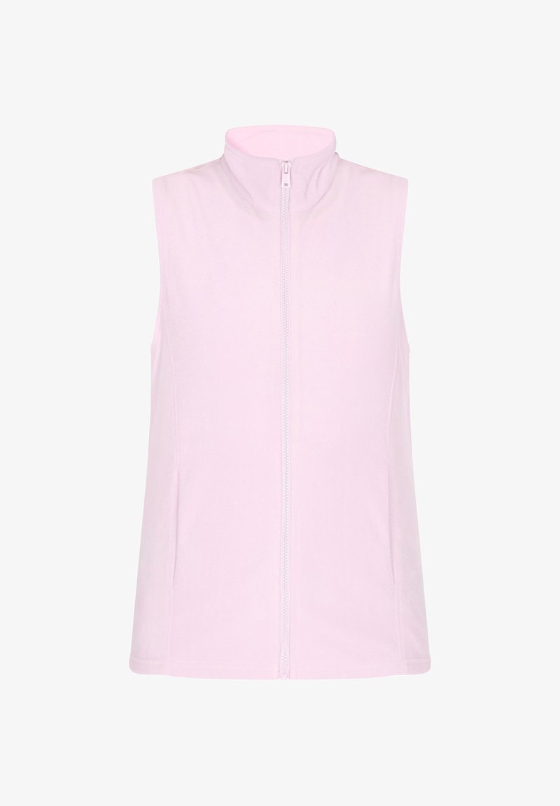 Fleece-Weste in sanftem Rosa, ärmelloses Design, hoher Kragen, durchgehender Reißverschluss vorne und glatte Textur ohne zusätzliche Muster oder Hardwaredetails.
