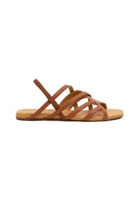 Braune Ledersandalen mit mehreren kreuzweise verlaufenden Riemen, offener Zehenpartie und einer flachen, hellbraunen Sohle. Glatte Textur mit einem minimalistischen Design.