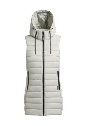 Gilet imbottito grigio chiaro con cappuccio, caratterizzato da pannelli trapuntati orizzontali, una cerniera frontale e due tasche laterali con zip.