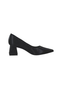 Black high-heeled pump with a pointed toe, smooth upper material, and a textured block heel featuring a geometric pattern.