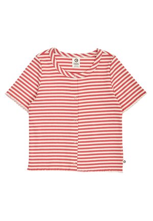 Korte mouwen, rood-wit horizontaal gestreept overhemd met knopen, ronde halslijn en geribbelde structuur.