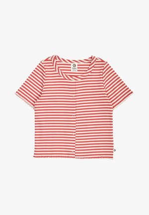 Korte mouwen, rood-wit horizontaal gestreept overhemd met knopen, ronde halslijn en geribbelde structuur.