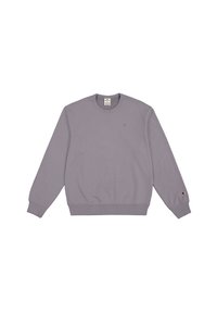Sudadera gris con mangas largas y cuello redondo. Presenta puños y dobladillo acanalados. Parche con el logo en la manga izquierda. Hecha de una suave tela de algodón.