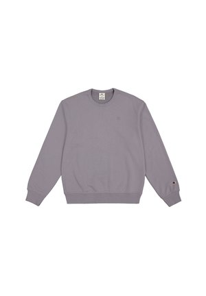 Sweatshirt gris à manches longues et col rond. Comprend des poignets et un ourlet côtelés. Étiquette de logo sur la manche gauche. Fabriqué en tissu en coton doux.