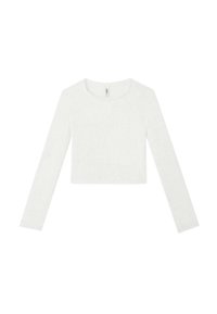 Bílý krátký top s dlouhými rukávy z texturované látky, kulatým výstřihem bez viditelného kovového vybavení nebo vzorů.