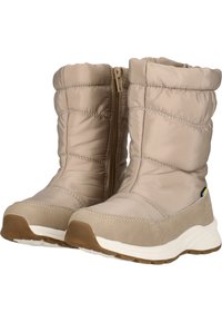 Beige geïsoleerde laarzen met een gevoerd bovenwerk, een rits aan de zijkant en een rubberen zool. Gladde textuur met gestikte details en een accentkleur op de hak.