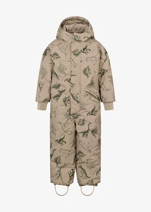 Μπεζ παγιωμένο σαφάρι χιονιού με σκούρους πράσινους τύπους δεινοσαύρων, κουκούλα και ελαστικές μανσέτες. Περιλαμβάνει πλαϊνές τσέπες και ιμάντες για τα πόδια για ασφαλή εφαρμογή.