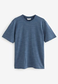 Tricou scurt din bumbac de culoare albastră, cu mâneci scurte, realizat dintr-un material texturat cu dungi orizontale și guler rotund. Fără logo-uri sau embellishments vizibile.