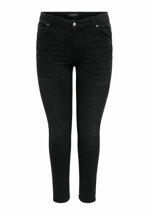 Zwarte slim-fit jeans met een taille op heuphoogte, knoopsluiting aan de voorkant en zakken, met subtiele slijtagesporen op de rechterdij.