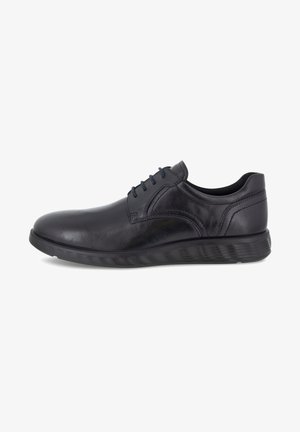 Schwarze Leder-Freizeitschuhe mit glatter Oberfläche, runder Zehenpartie, Schnürdesign und strukturiertem Gummisohl für zusätzliche Griffigkeit und Komfort.