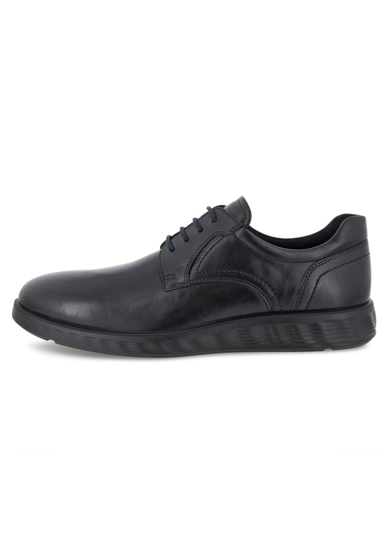 Chaussure de ville en cuir noir avec une finition lisse, bout rond, design à lacets et semelle en caoutchouc texturée pour une meilleure adhérence et un confort accru.