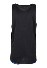 Svart mesh tanktopp med løs passform, brede armhull og blå aksent ved kanten. Lett, pustende stoff med perforert tekstur.