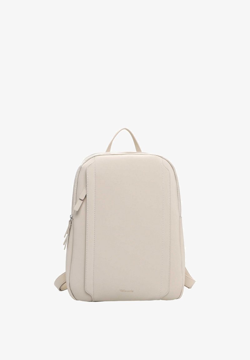 Suorakulmainen beige reppu, jossa on yläkahva, etuosan pystysaumat, sivuvetoketju ja säädettävät olkahihnat.