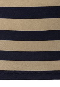 Gestreifter Stoff mit abwechselnd navyblauen und beigen horizontalen Streifen, einer glatten Textur und einem sauberen, genähten Saum.