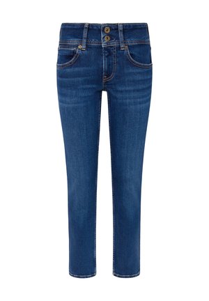 Tumed sinised denim teksad sirge lõikega, kahe nupuga kinnitamise ja nelja tasku disainiga. Omavad peent pleekimist ja õmblemise detaile.
