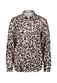 Leopardenmuster Hemd mit Knöpfen aus weichem Stoff, in Beige-, Schwarz- und Brauntönen, mit klassischem Kragen und langen Ärmeln.