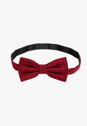 Rød polyester butterfly med en struktureret overflade og sort justerbar rem, med en central bånddetalje.