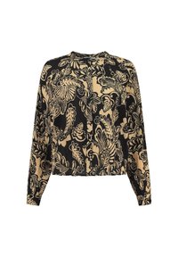 Blusa cropped nera e beige con maniche lunghe, caratterizzata da un motivo floreale e un tessuto testurizzato. Collo rotondo e vestibilità comoda.