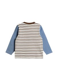 Cămașă cu mâneci lungi, cu dungi, având un model de dungi maro și alb, cu mâneci albastre și guler rotund maro. Material din bumbac neted.